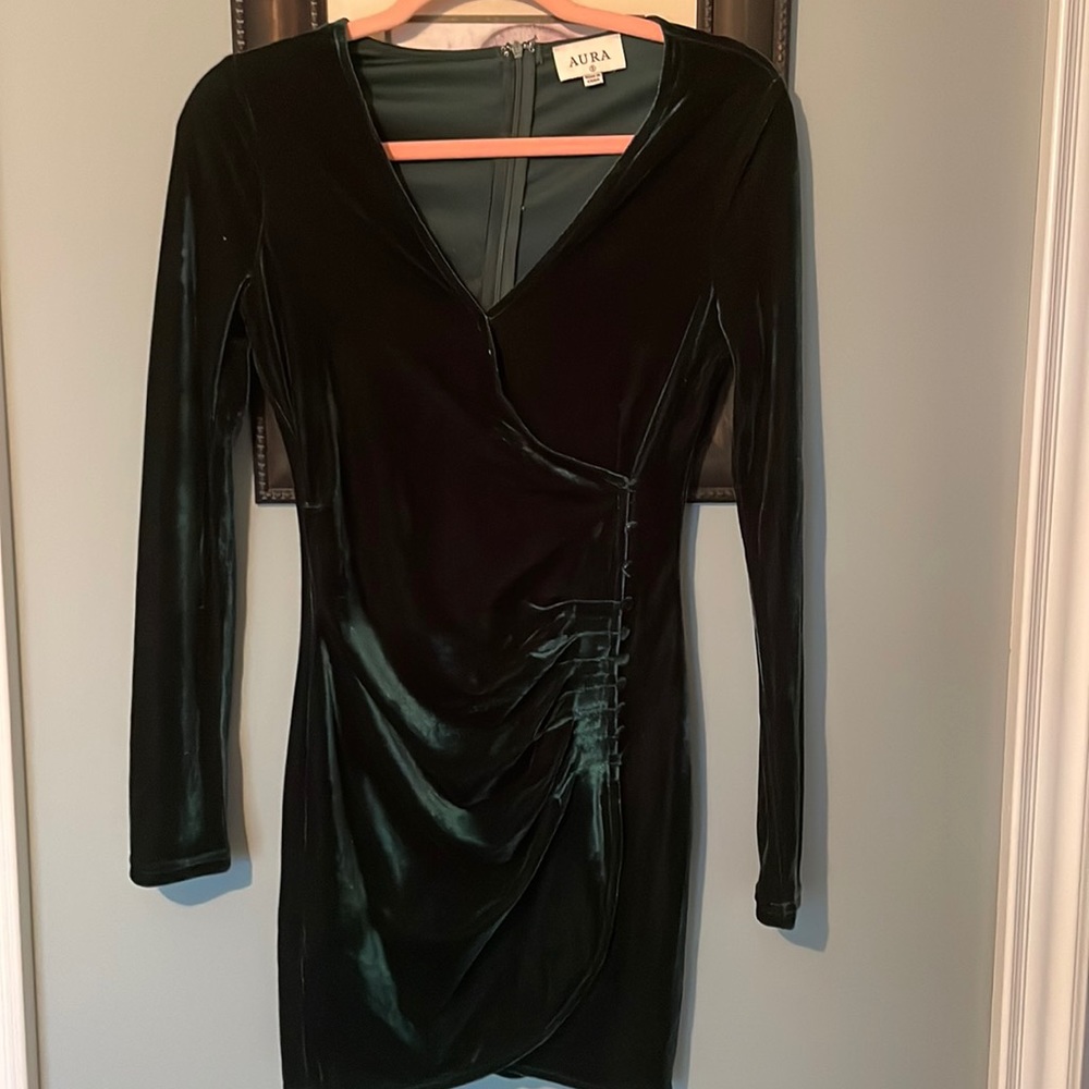 Green velvet mini dress